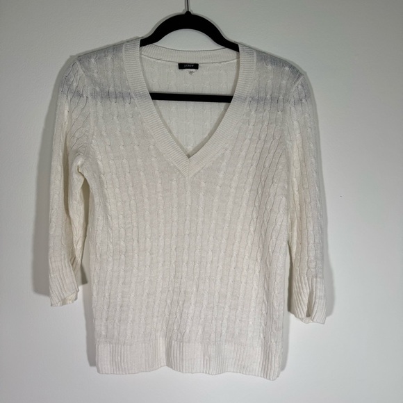 J. Crew White V-Neck Linen Cable Knit Sweater 3/4 Sleeve Size S Old Money Preppy - Picture 2 of 8
